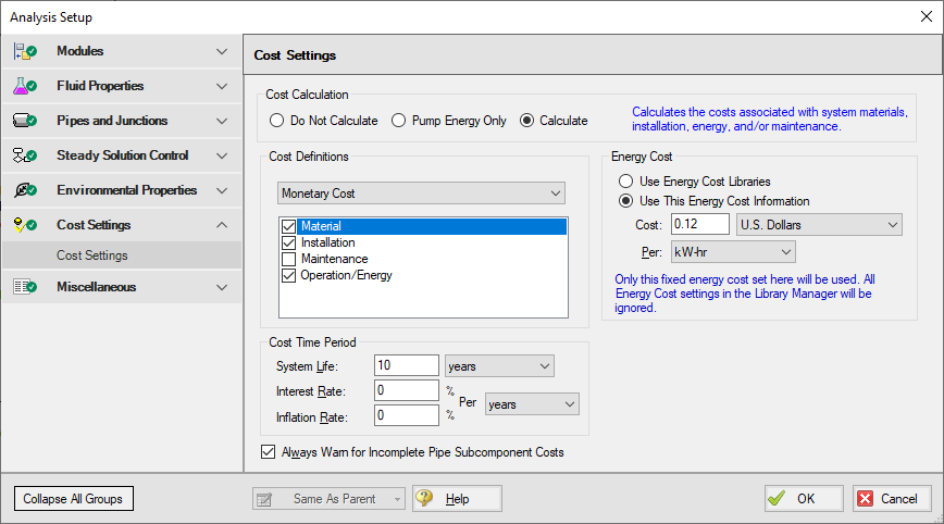 The cost calculations selected on the Cost Settings window.